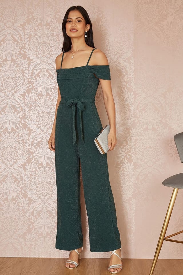 Yumi Yumi Women's Green Sparkle Stretch Bardot Jumpsuit - 3