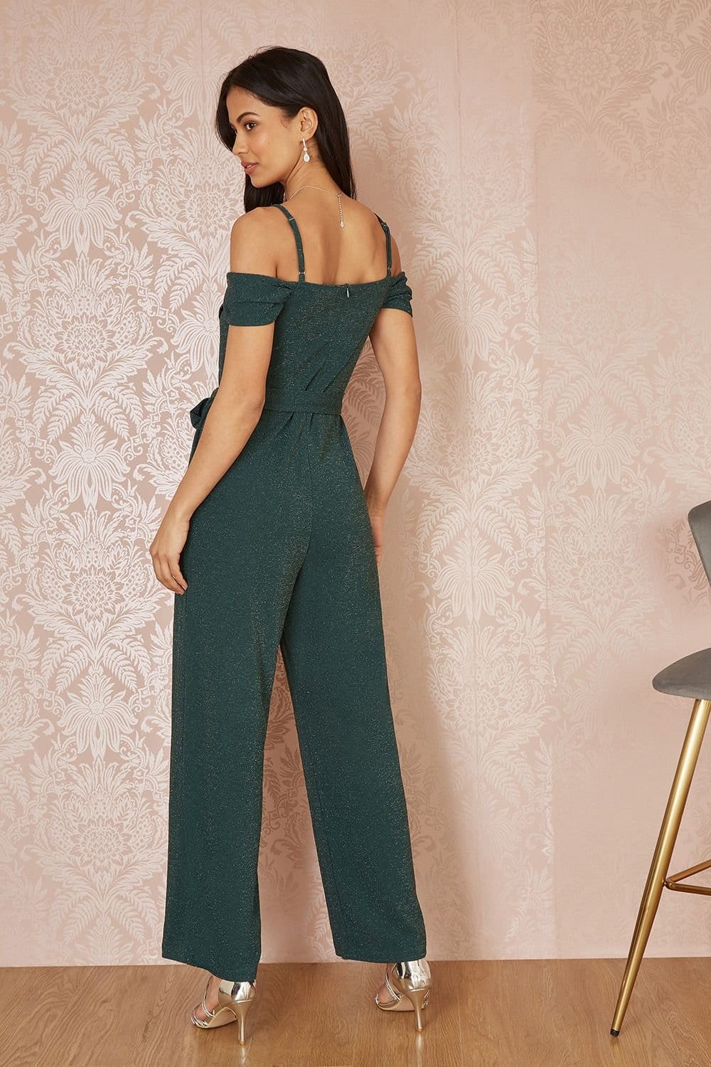 Yumi Yumi Women's Green Sparkle Stretch Bardot Jumpsuit - 4