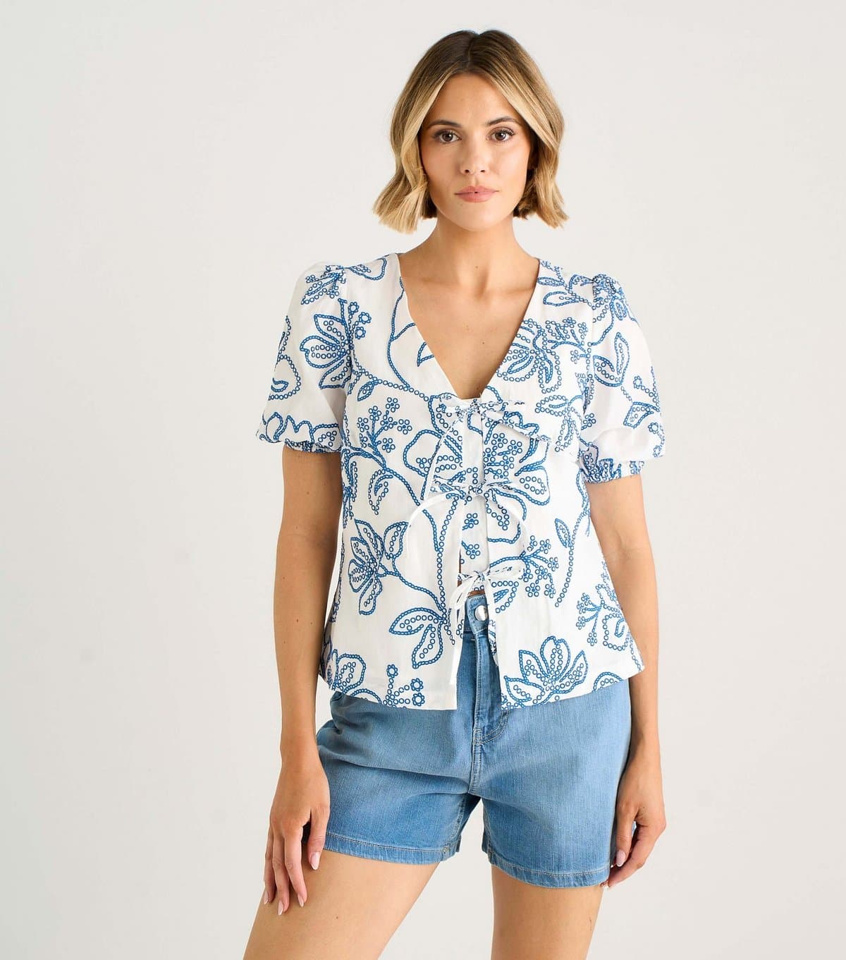 Gini London Gini London Blue Floral Print Puff Sleeve Top