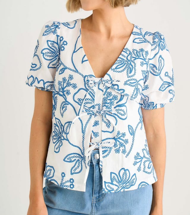 Gini London Women's Blue Cotton Floral Print Puff Sleeve Top Gini London New Look - 2