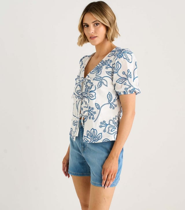 Gini London Women's Blue Cotton Floral Print Puff Sleeve Top Gini London New Look - 3