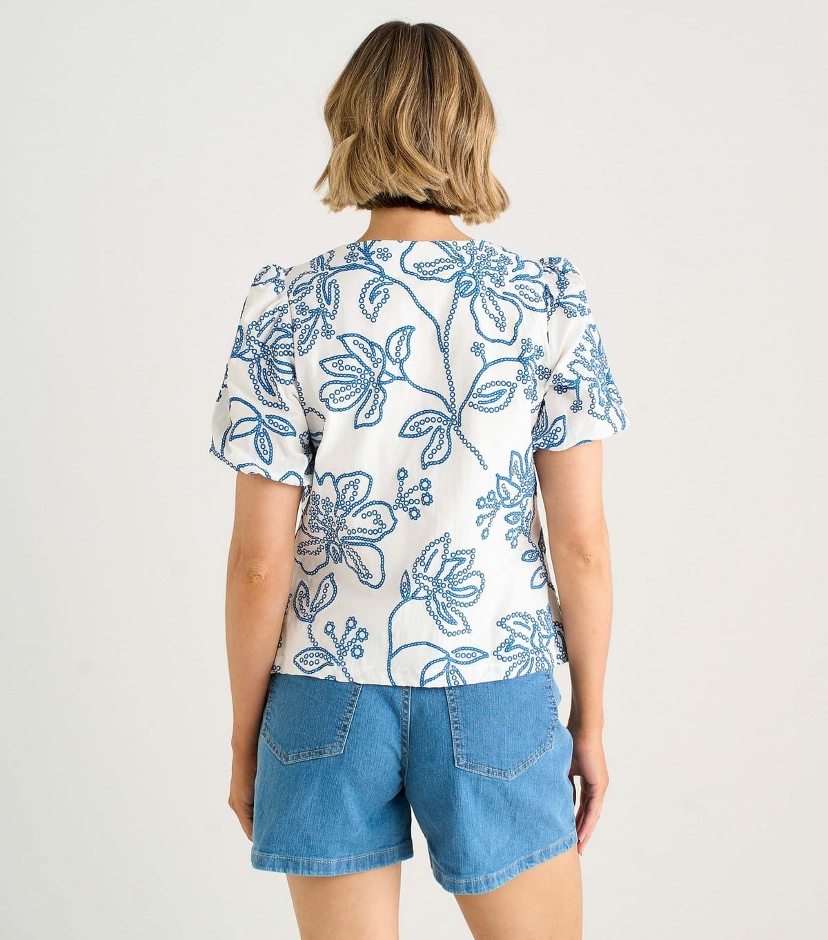 Gini London Women's Blue Cotton Floral Print Puff Sleeve Top Gini London New Look - 4