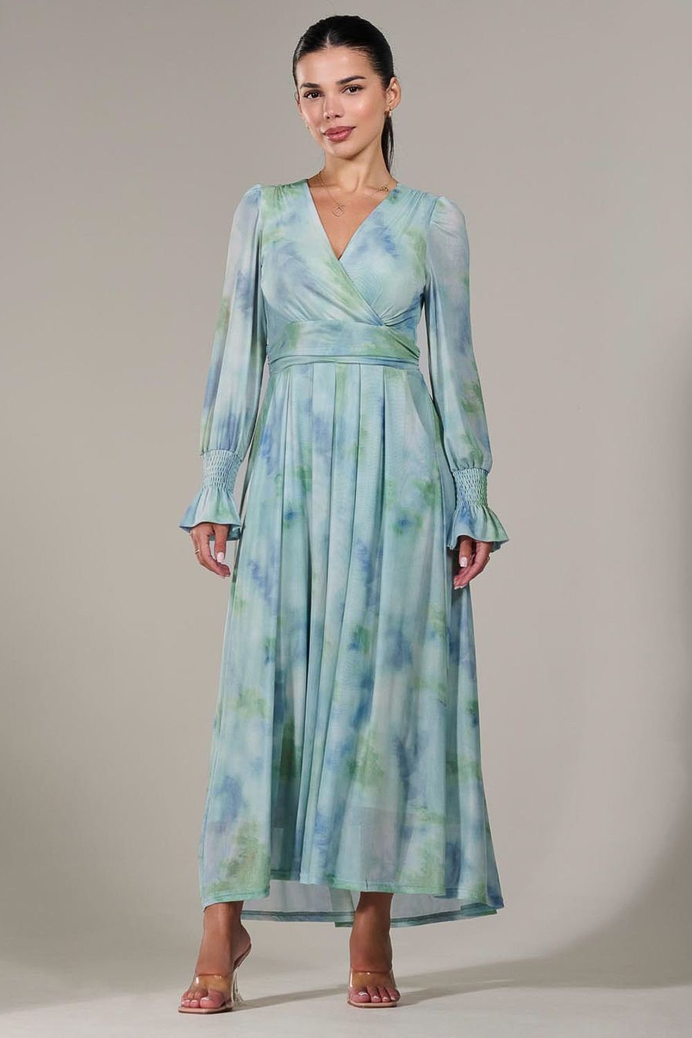 Jolie Moi Jolie Moi Women's Petite Long Sleeve Mesh Maxi Dress in Light Green - 2