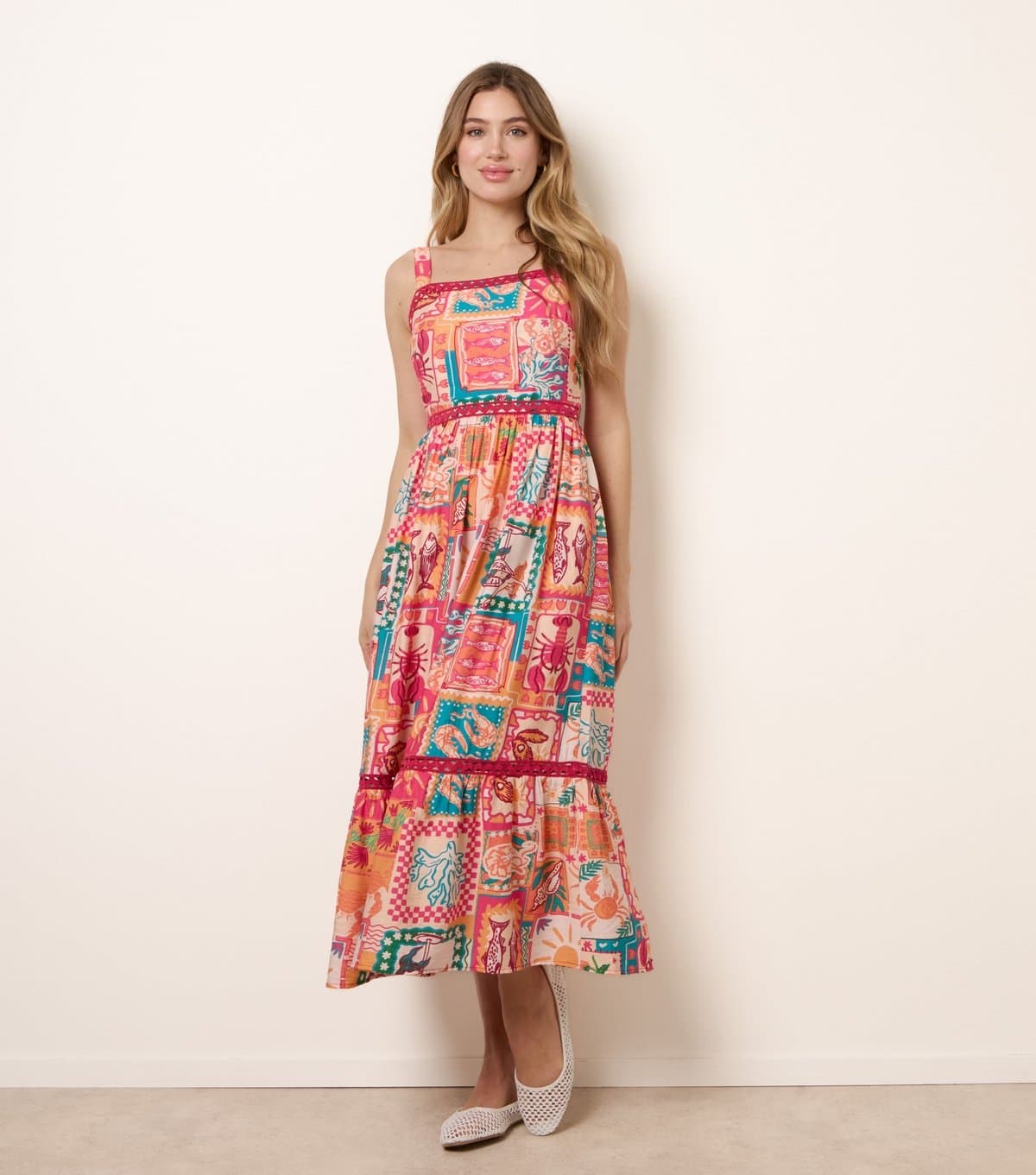 Blue Vanilla Women's Orange Postcard Print Midi Dress Blue Vanilla New Look