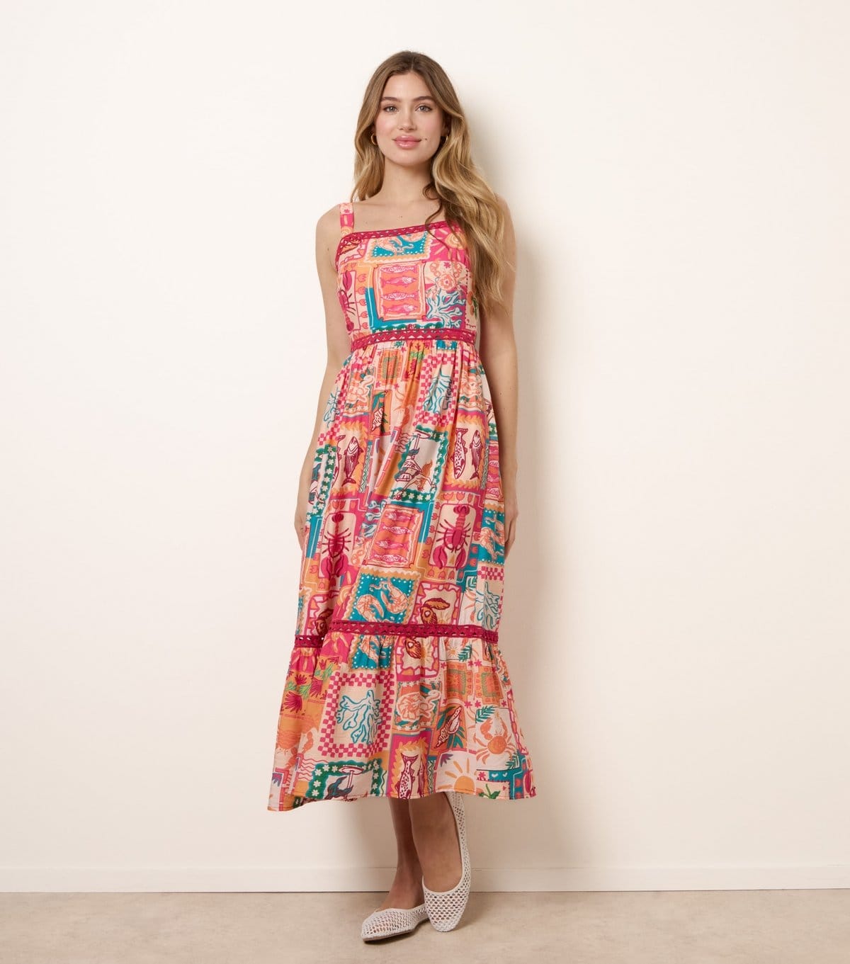 Blue Vanilla Orange Postcard Print Midi Dress