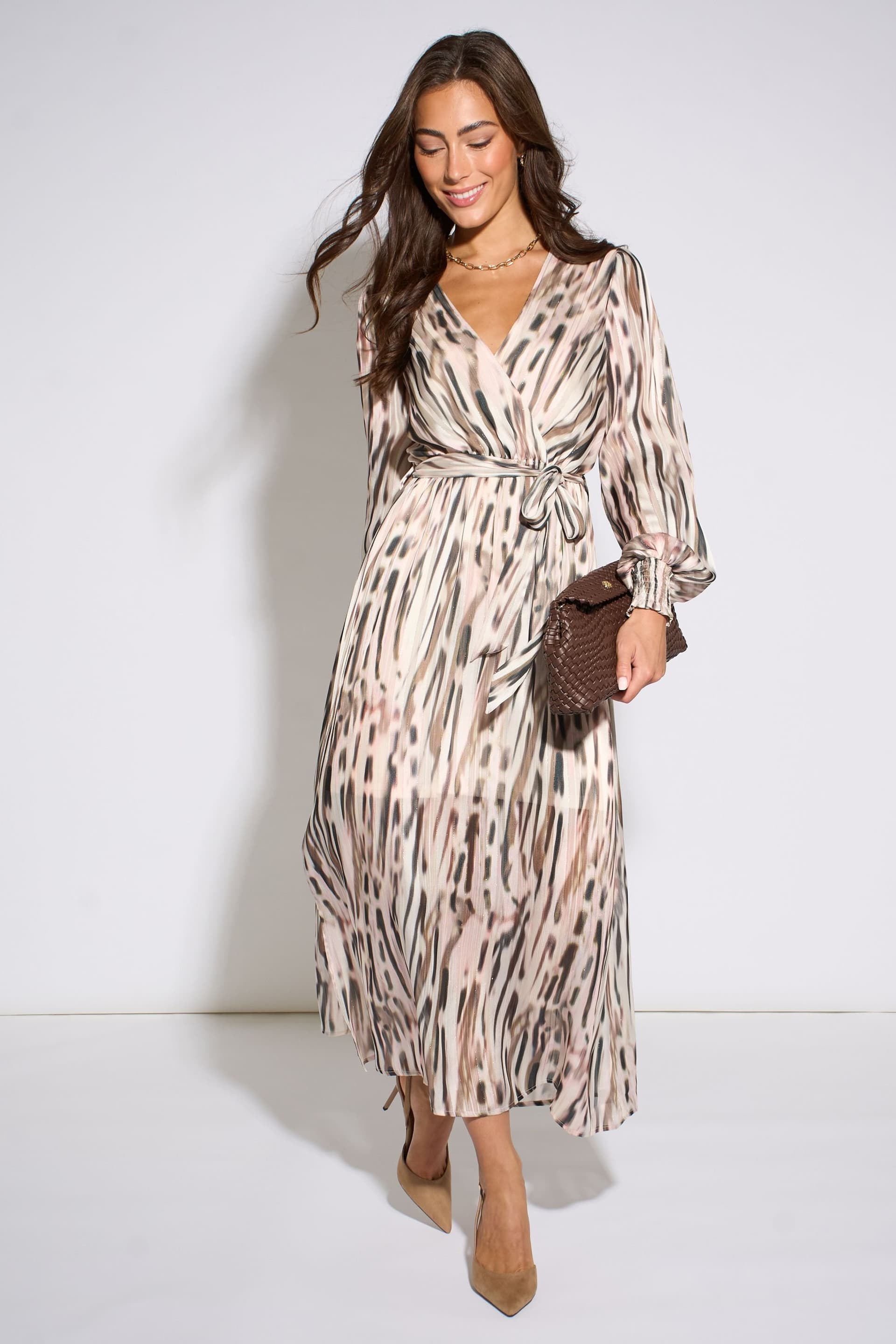 Gini London Gini London Women's Off White Animal Print Sparkle Wrap Front Midi Dress in Gold