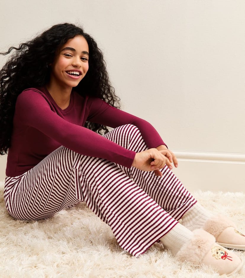 New Look Girls' Dark Burgundy Long Sleeve Top and Striped Trousers Pyjamas Set New Look - 1