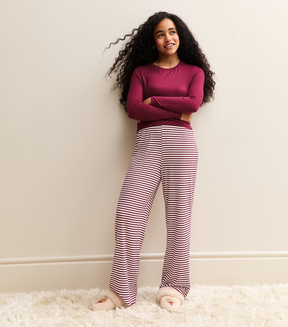 New Look Girls' Dark Burgundy Long Sleeve Top and Striped Trousers Pyjamas Set New Look - 3