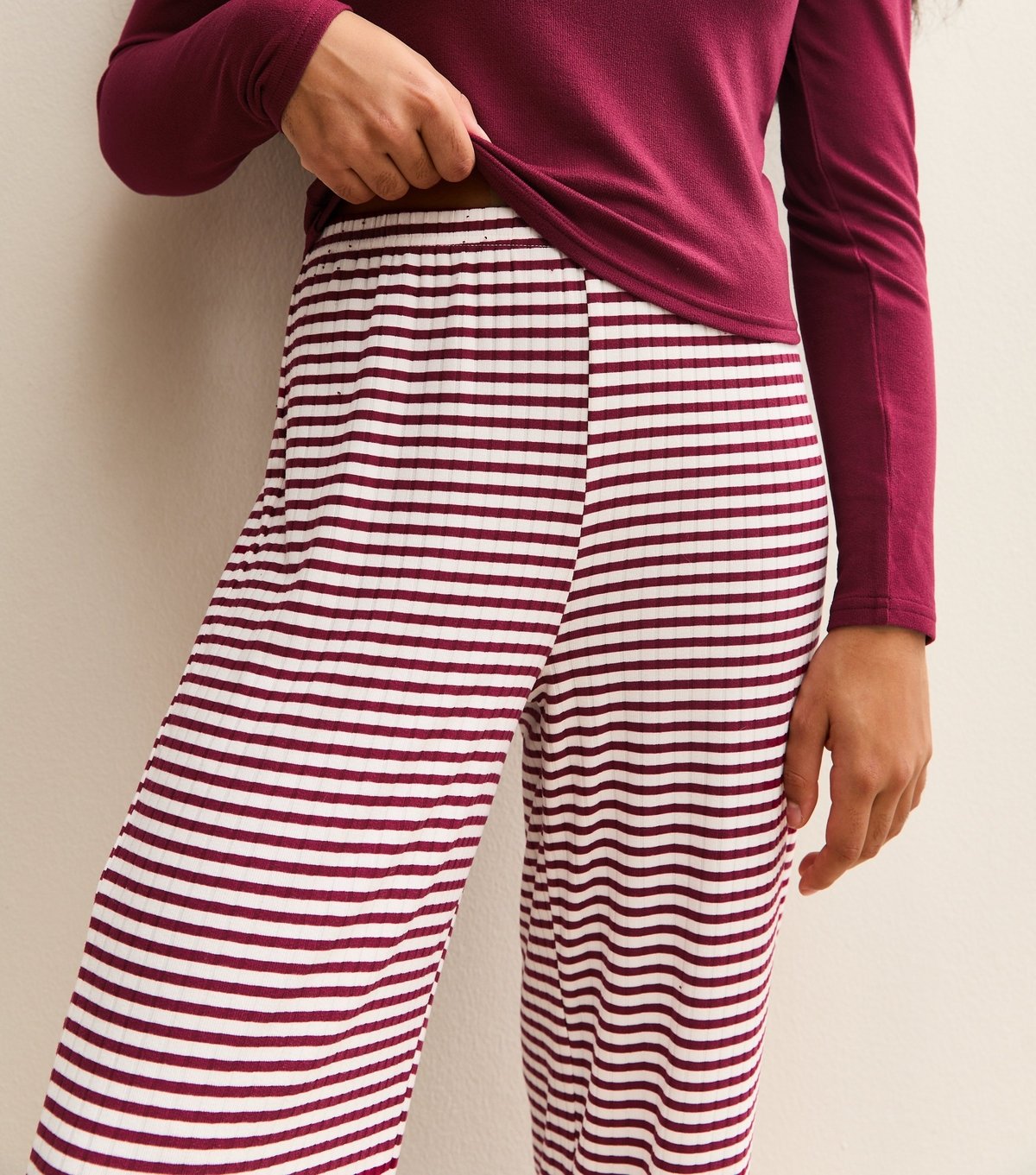 New Look Girls' Dark Burgundy Long Sleeve Top and Striped Trousers Pyjamas Set New Look - 4