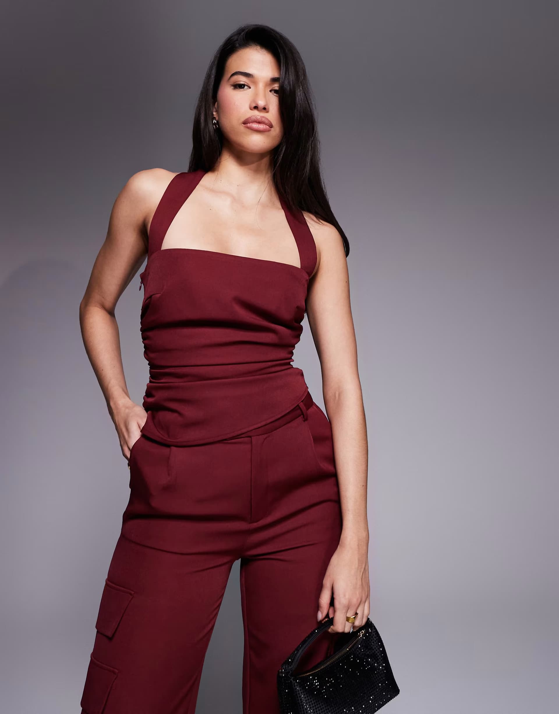 ASOS Kaiia exclusive tailored square halterneck ruched detail top co-ord in dark cherry
