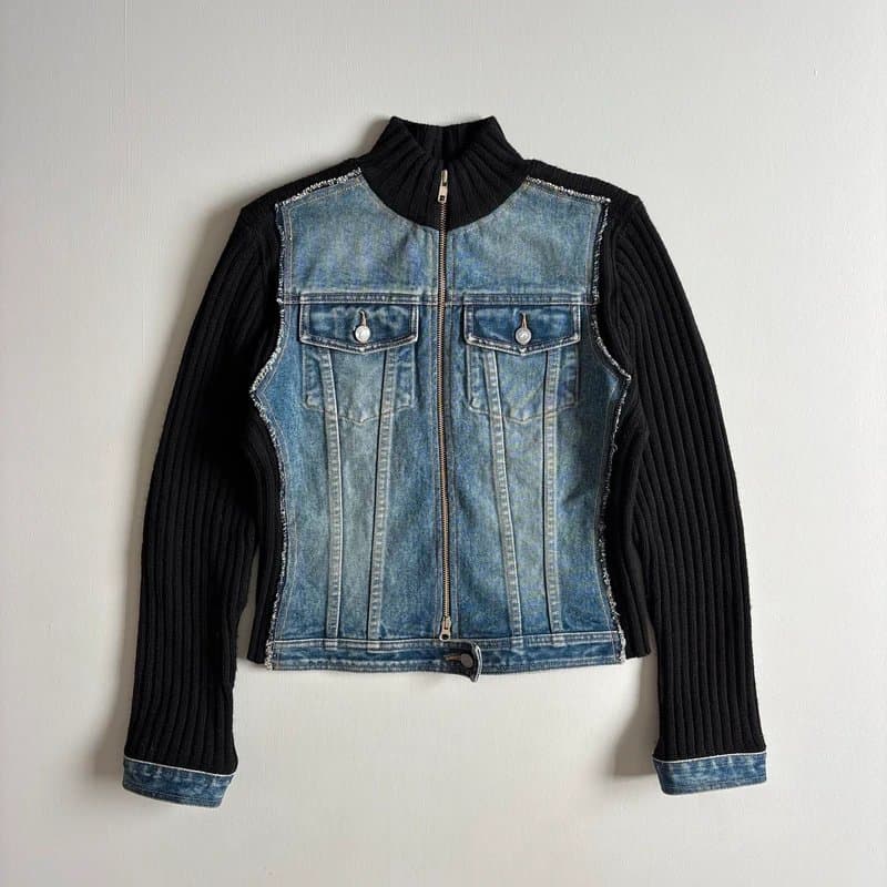 y2k Vintage Y2K Denim biker jacket with ribbed knit detailing