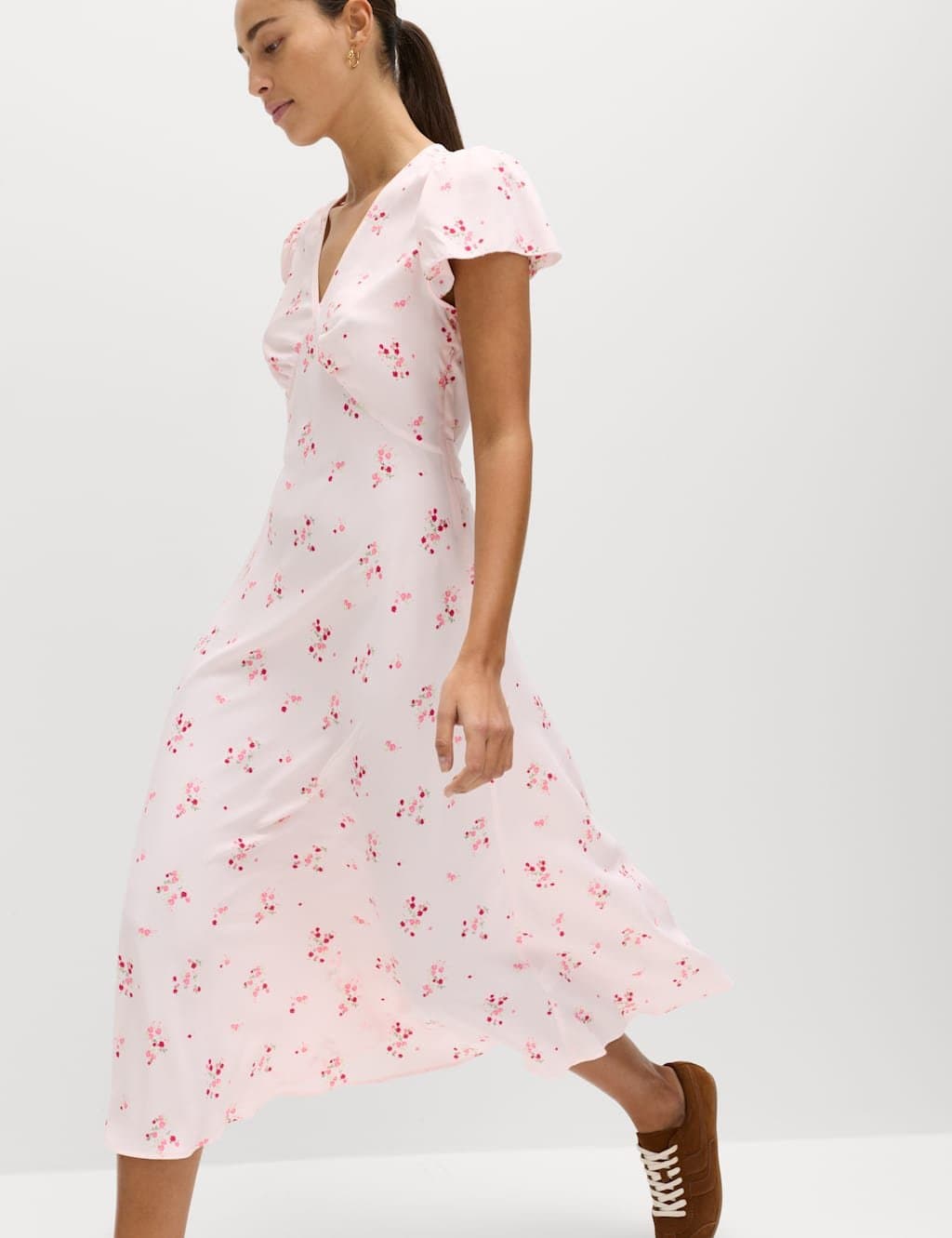 Marks & Spencer M&S Pink Floral V-Neck Midi Tea Dress