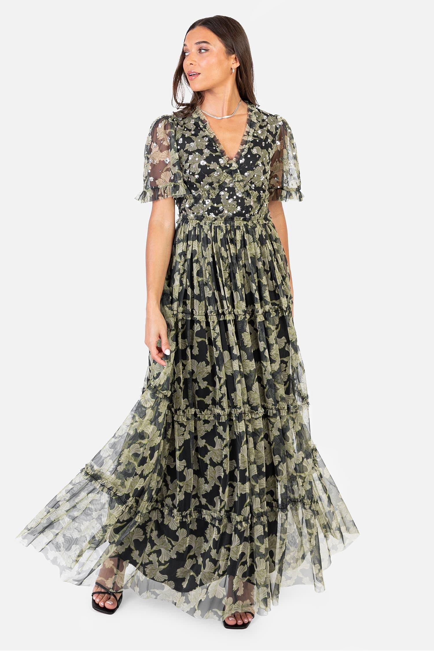 Anaya with Love Anaya with Love Women's Sequin V Neck Floral Maxi Dress in Black