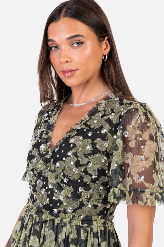 Anaya with Love Anaya with Love Women's Sequin V Neck Floral Maxi Dress in Black - 2