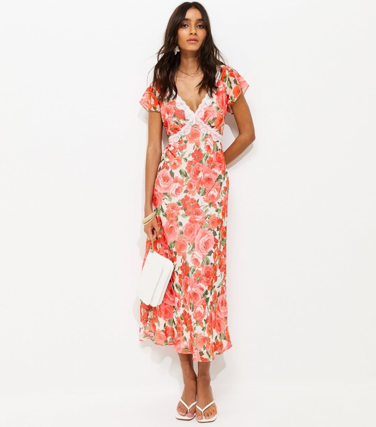 New Look Women's Pink Floral Print Lace Trimmed Chiffon Midi Dress New Look