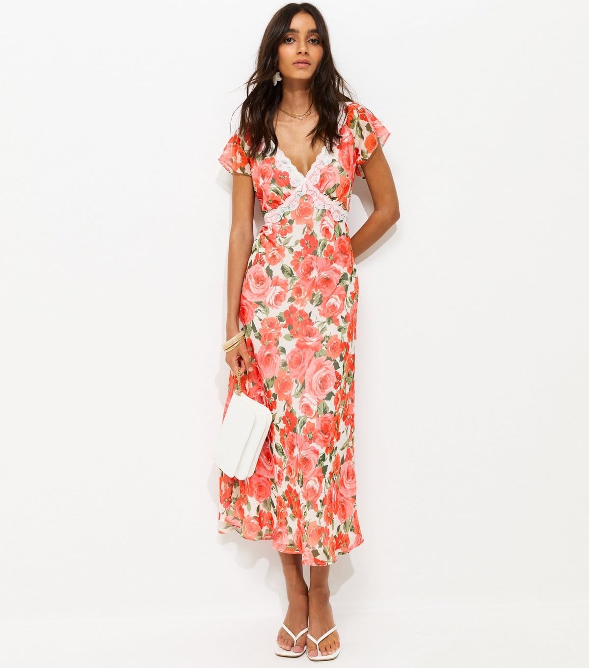 New Look Women's Pink Floral Print Lace Trimmed Chiffon Midi Dress New Look - 1