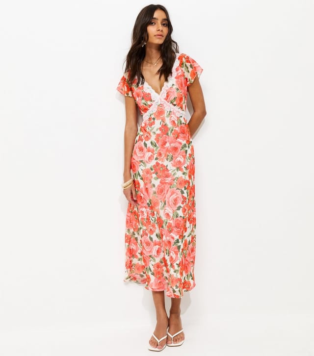 New Look Women's Pink Floral Print Lace Trimmed Chiffon Midi Dress New Look - 2