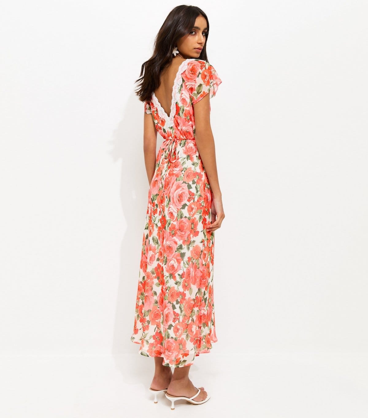 New Look Women's Pink Floral Print Lace Trimmed Chiffon Midi Dress New Look - 4