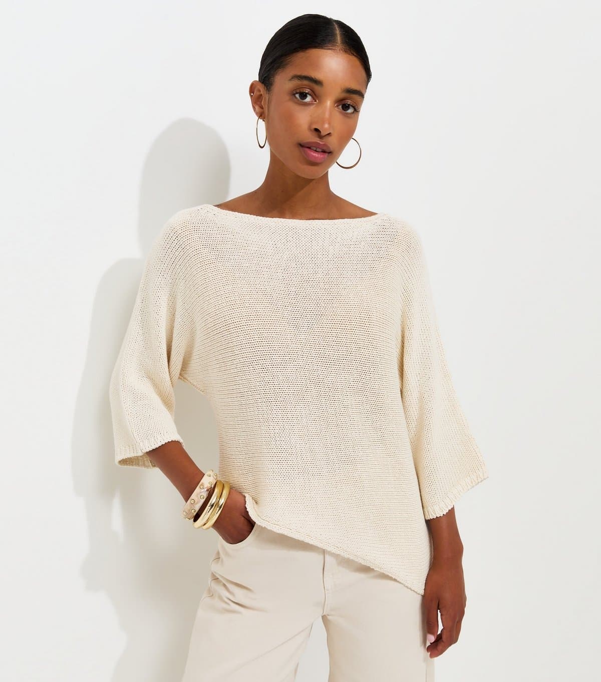 New Look Women's Off White Open Knit Asymmetric Hem Slash Neck Top New Look