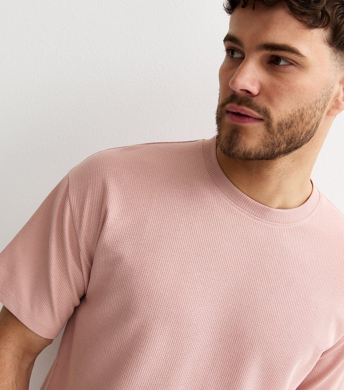 New Look Men's Pink Oversized Waffle Texture T-Shirt