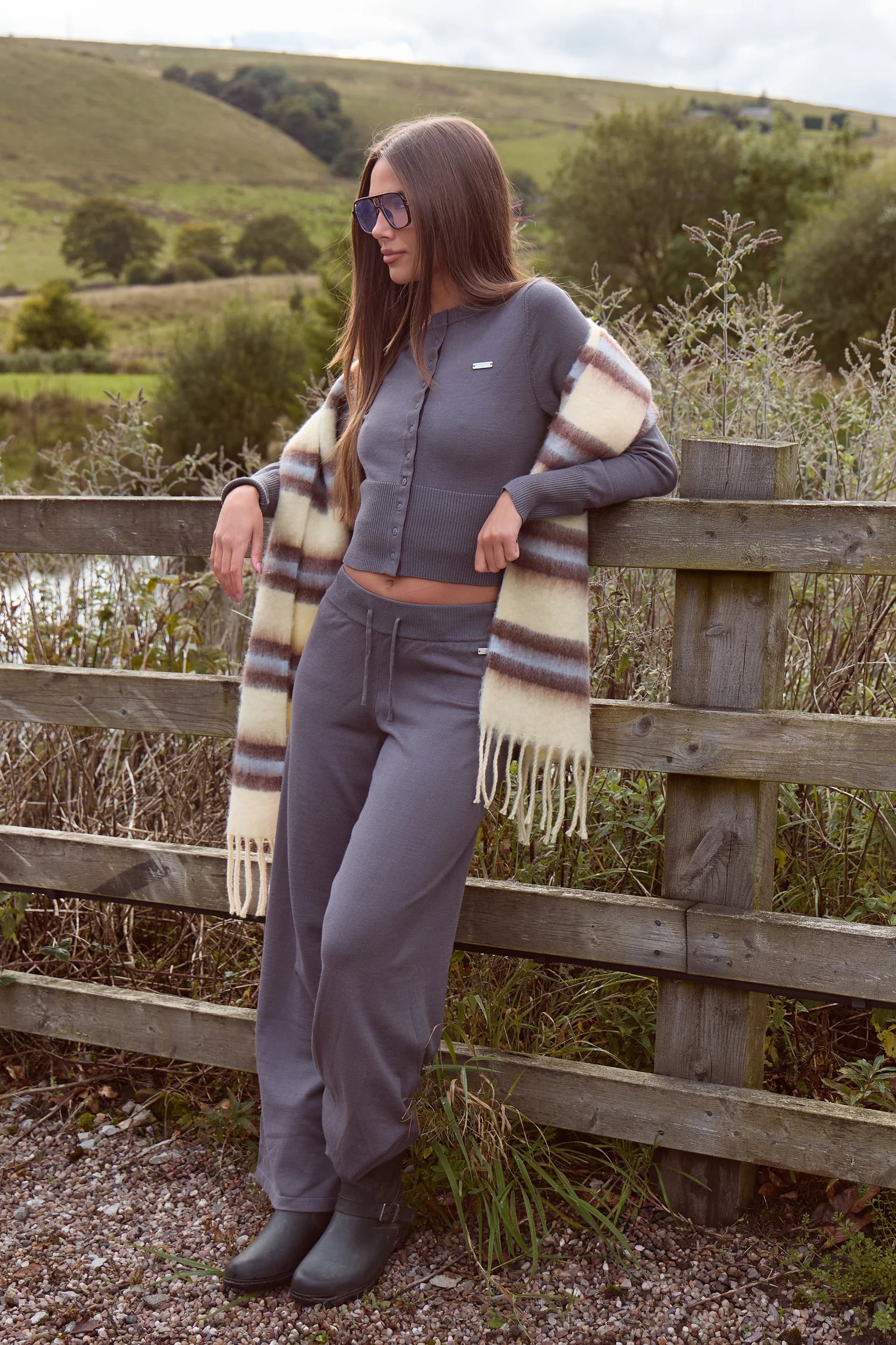 Kaiia Kaiia Lightweight Knit Wide Leg Trousers Charcoal