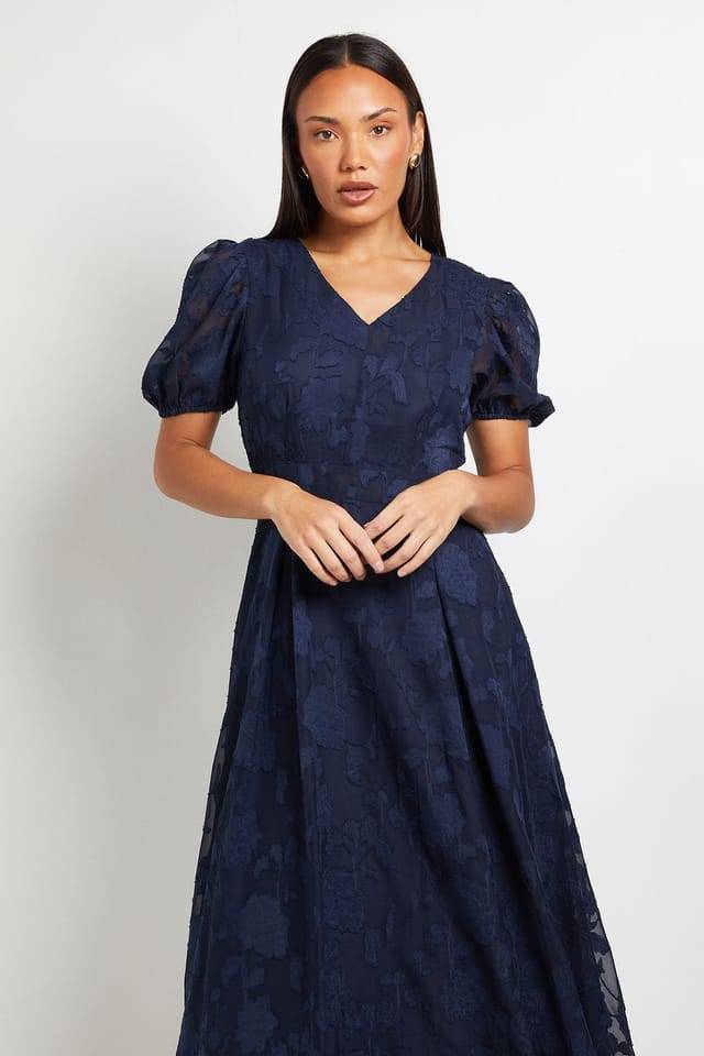 Principles Principles Women's Floral Jacquard Puff Sleeve Midi Dress in Navy - 2