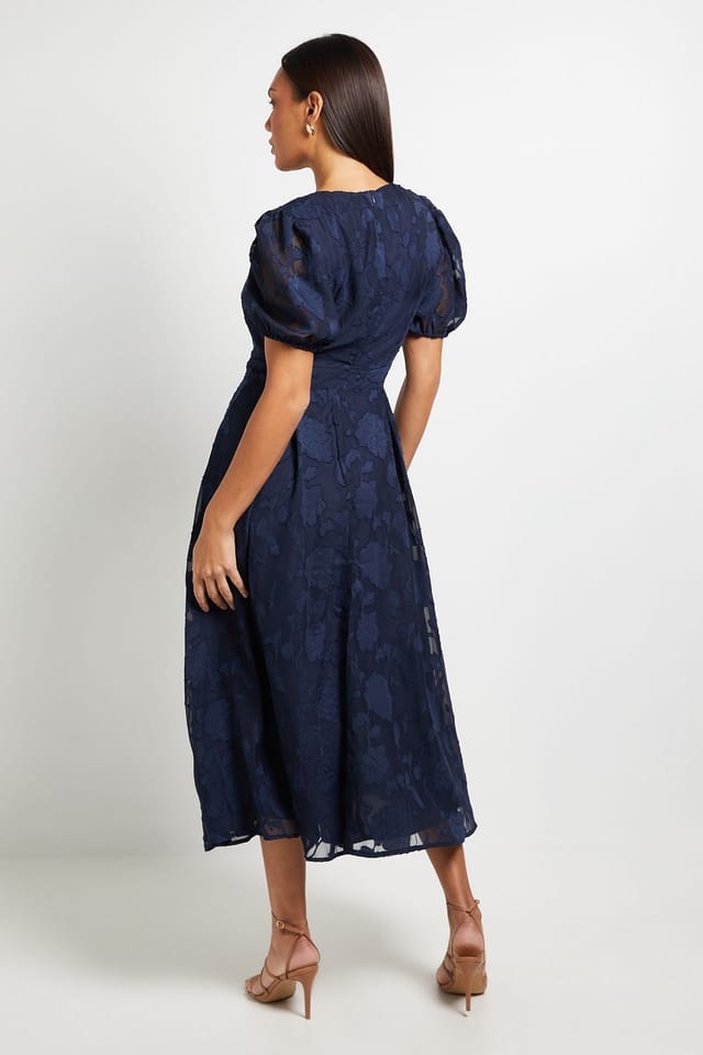 Principles Principles Women's Floral Jacquard Puff Sleeve Midi Dress in Navy - 3