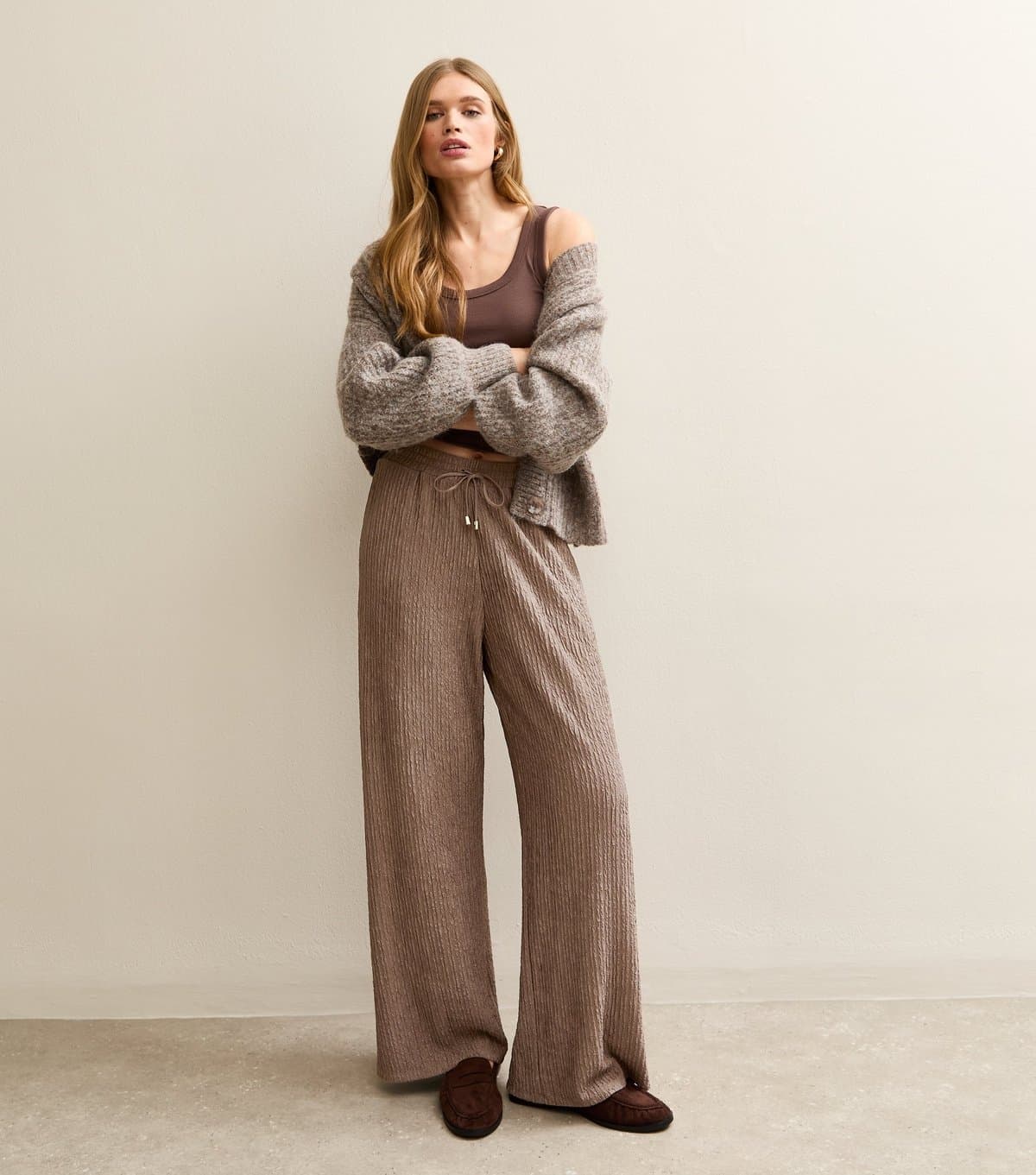 New Look Women's Mink Crinkled Drawstring Wide Leg Trousers New Look