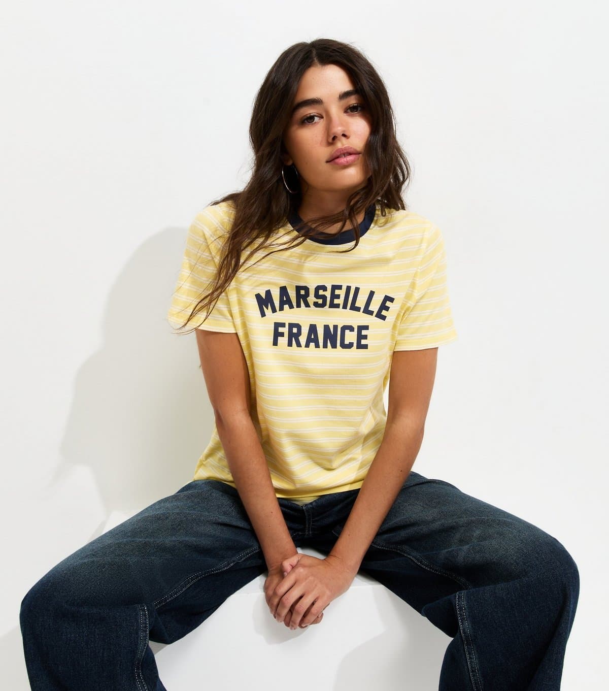 New Look Women's Yellow Cotton Striped Marseille Print Relaxed T-Shirt New Look