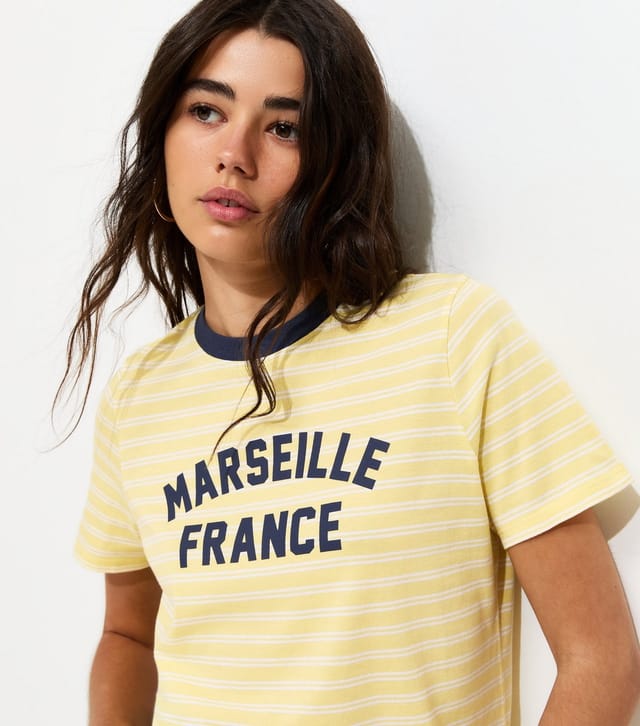 New Look Women's Yellow Cotton Striped Marseille Print Relaxed T-Shirt New Look - 2
