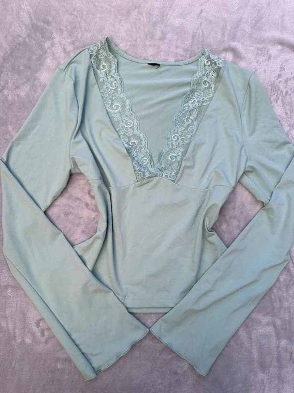 Bershka vintage 2000s style bell sleeved lace fitted top
