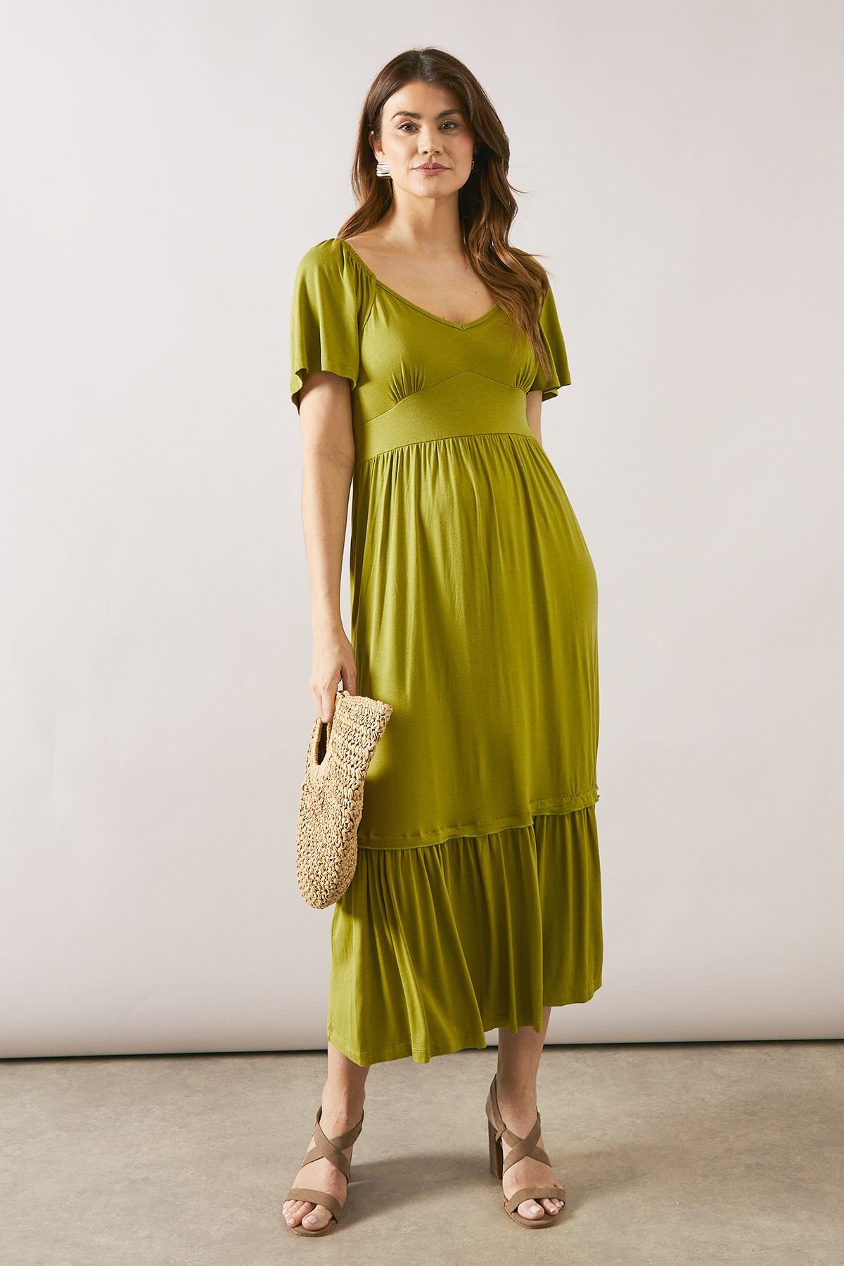 Wallis Wallis Women's Viscose Jersey Ruffle Midi Dress in Khaki - 2