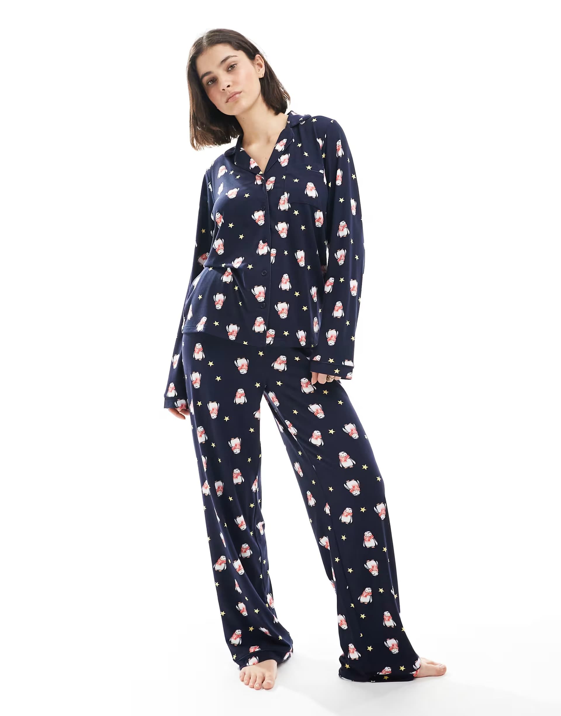 ASOS Loungeable Christmas supersoft jersey pyjama set in navy penguin print 