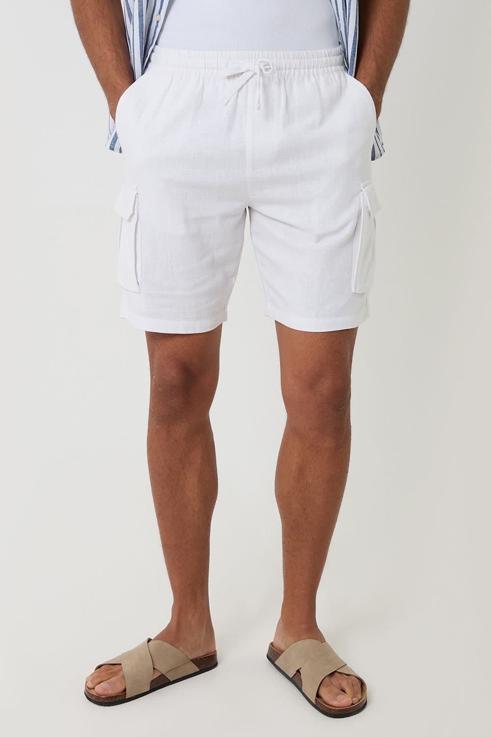 Threadbare Threadbare Men's Linen Blend Cargo Shorts in White