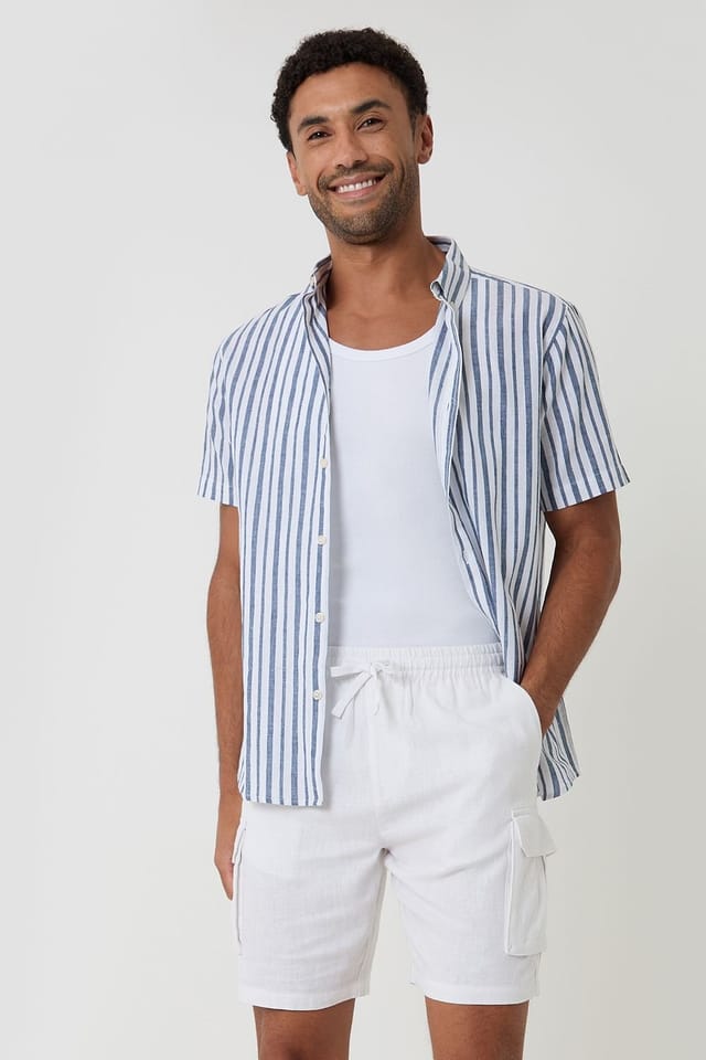 Threadbare Threadbare Men's Linen Blend Cargo Shorts in White - 3