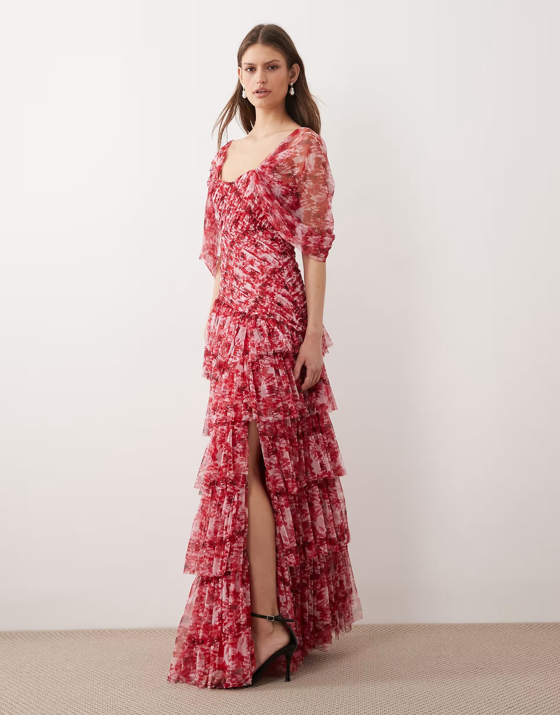 ASOS Lace & Beads tulle ruffle skirt split detail maxi dress in red and pink floral