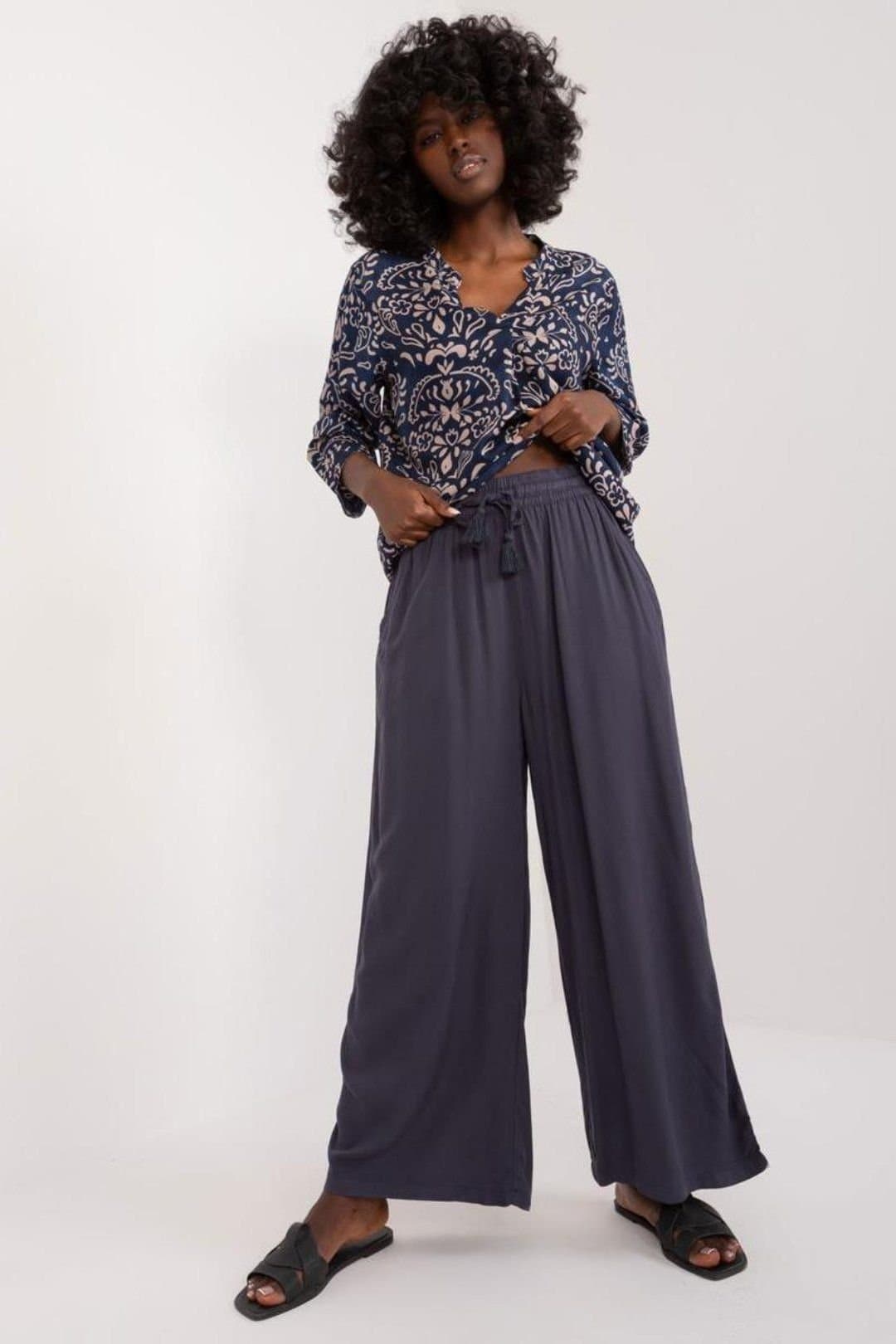 Love Lace Love Lace Women's Viscose Palazzo Trousers with Drawstring Waist in Blue