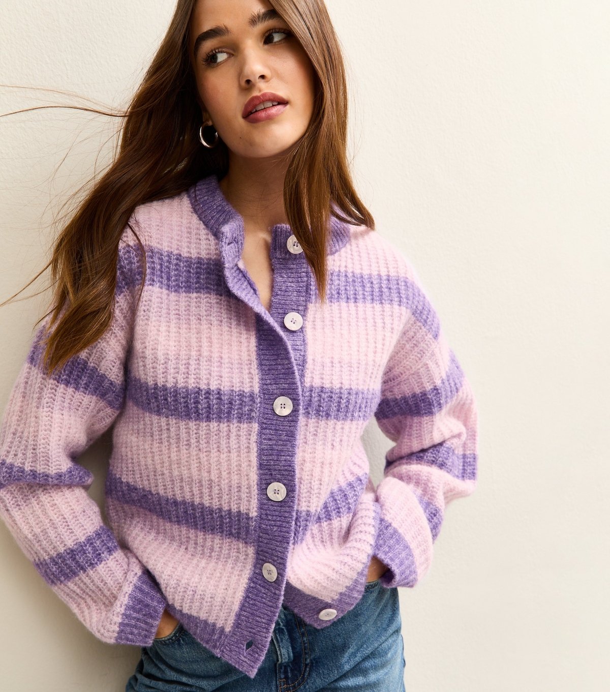 New Look Women's Light Purple Stitchy Stripe Knit Cardigan New Look - 2