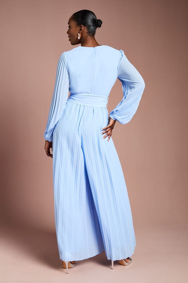 Coast Coast Women's Lace Trim Pleated Leg Jumpsuit With Tie Waist in Cornflower Blue - 3