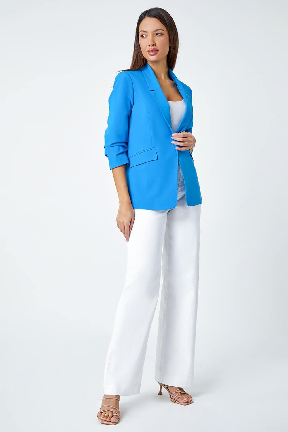 Roman Roman Women's Ruched Sleeve Stretch Blazer in Blue - 2