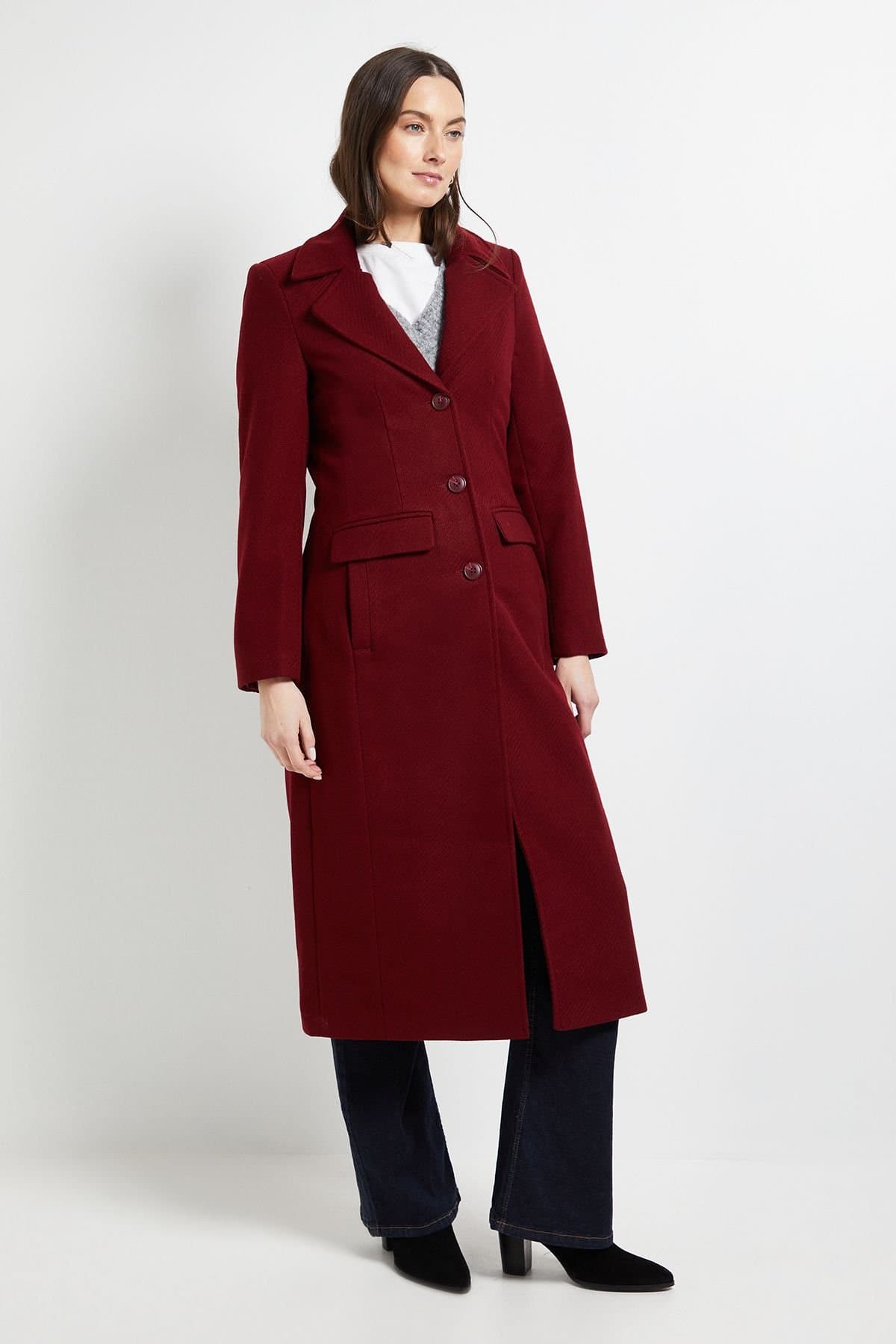 Wallis Wallis Women's Principles by Twill Button Coat in Cranberry