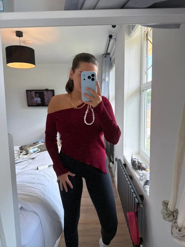 Bershka Burgundy Off-Shoulder Knitted Top