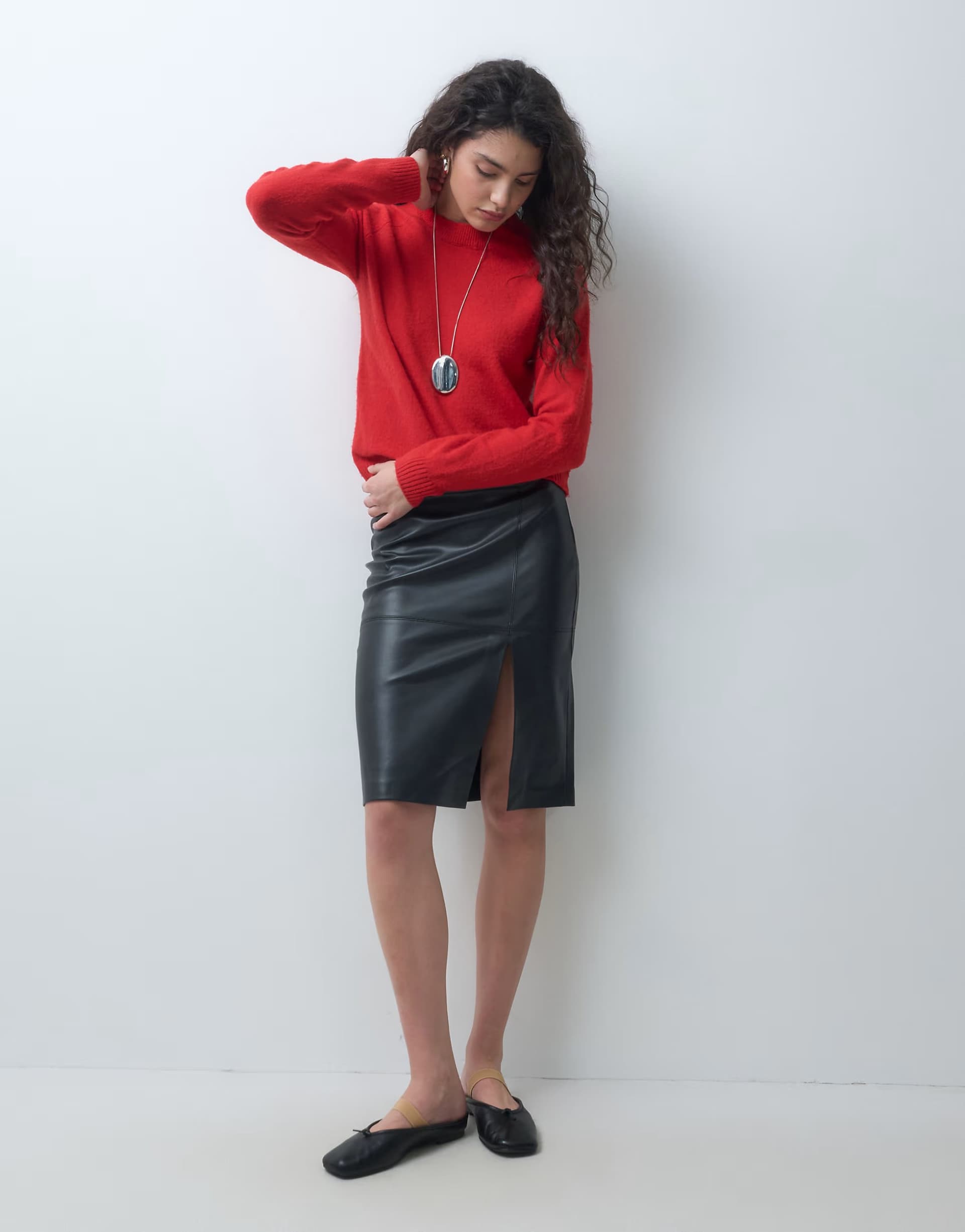 ASOS ONLY faux leather midi skirt with split in black