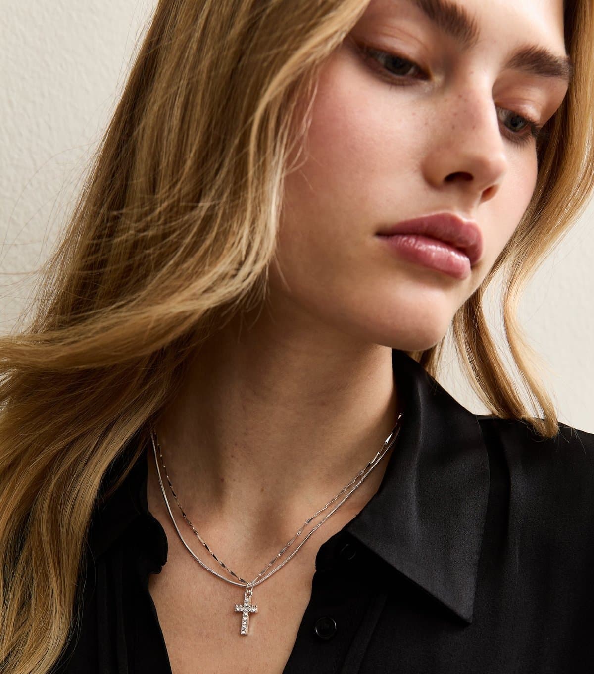 New Look Silver Tone 2-Layer Diamante Cross Pendant Necklace New Look