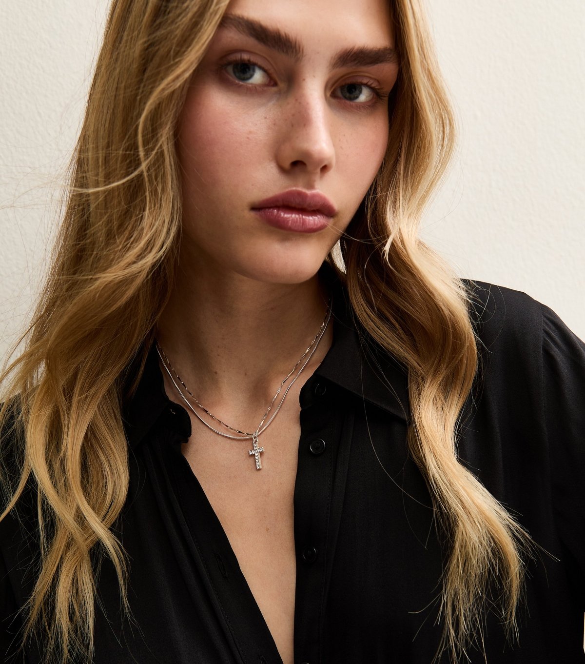 New Look Silver Tone 2-Layer Diamante Cross Pendant Necklace New Look - 2