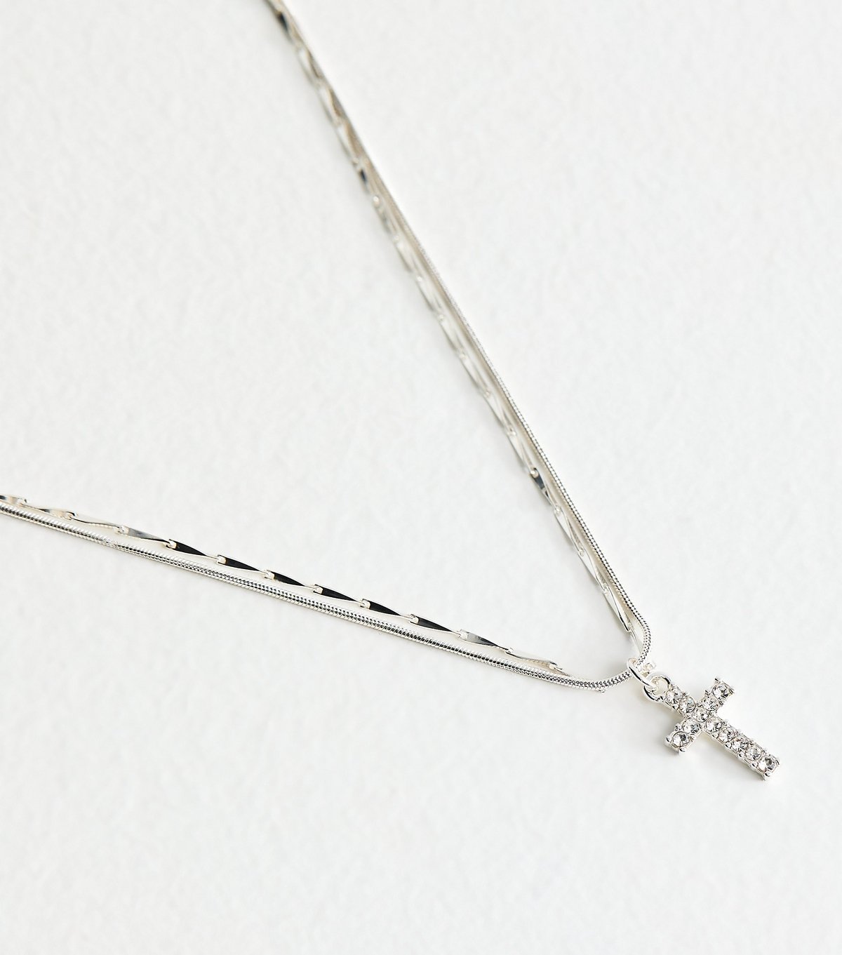 New Look Silver Tone 2-Layer Diamante Cross Pendant Necklace New Look - 3