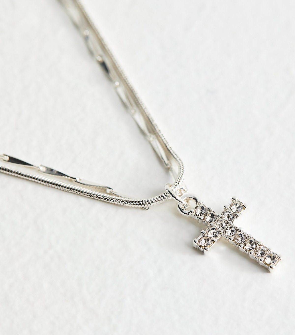 New Look Silver Tone 2-Layer Diamante Cross Pendant Necklace New Look - 4