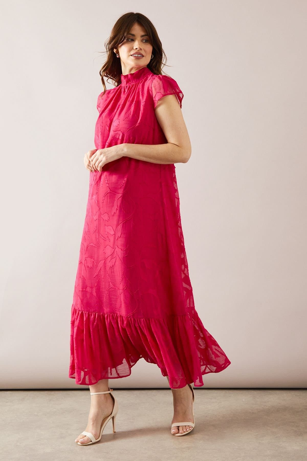 Wallis Wallis Women's Floral Jacquard Drop Hem Swing Midaxi Dress in Pink