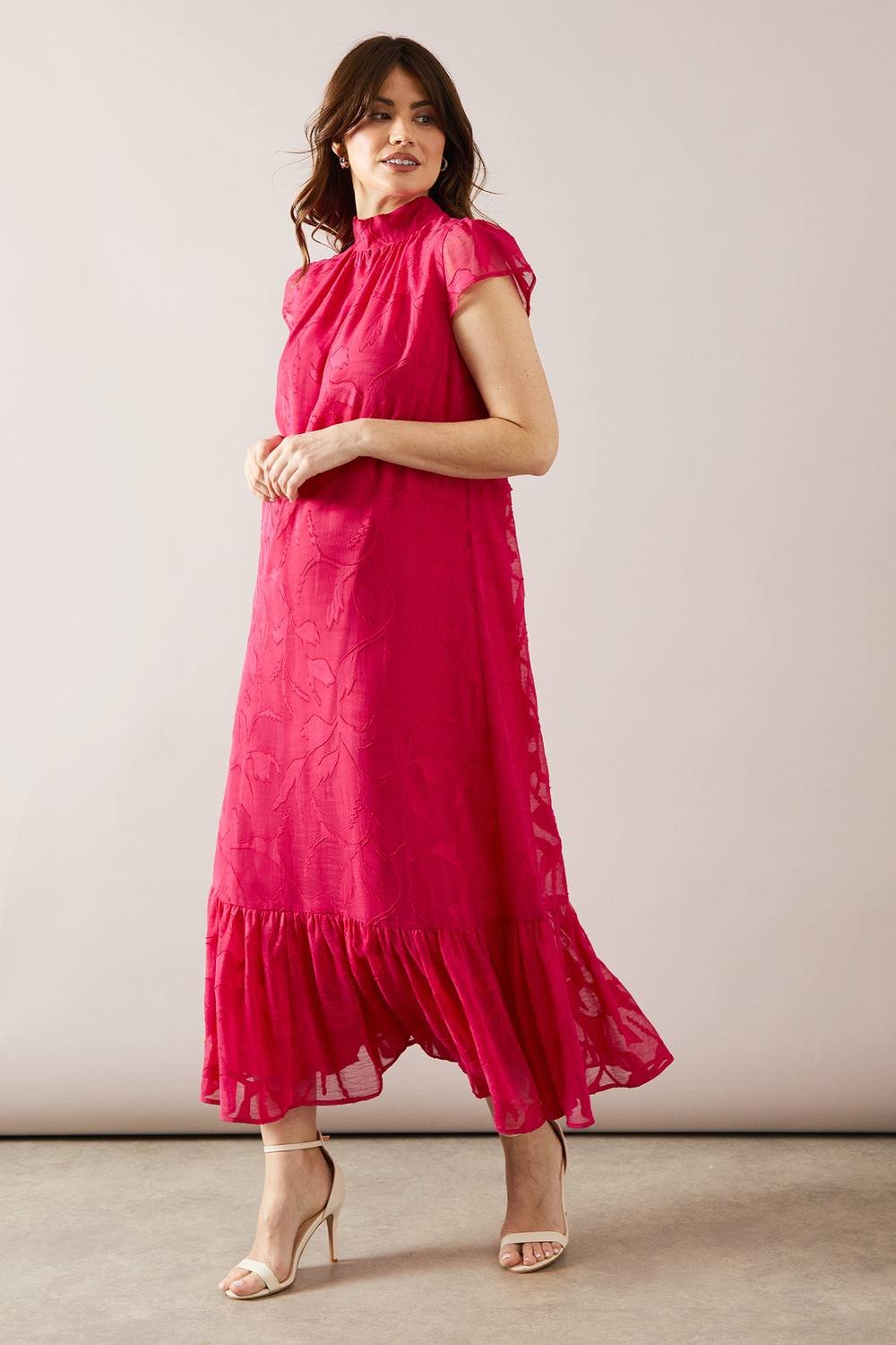 Wallis Wallis Women's Floral Jacquard Drop Hem Swing Midaxi Dress in Pink - 2