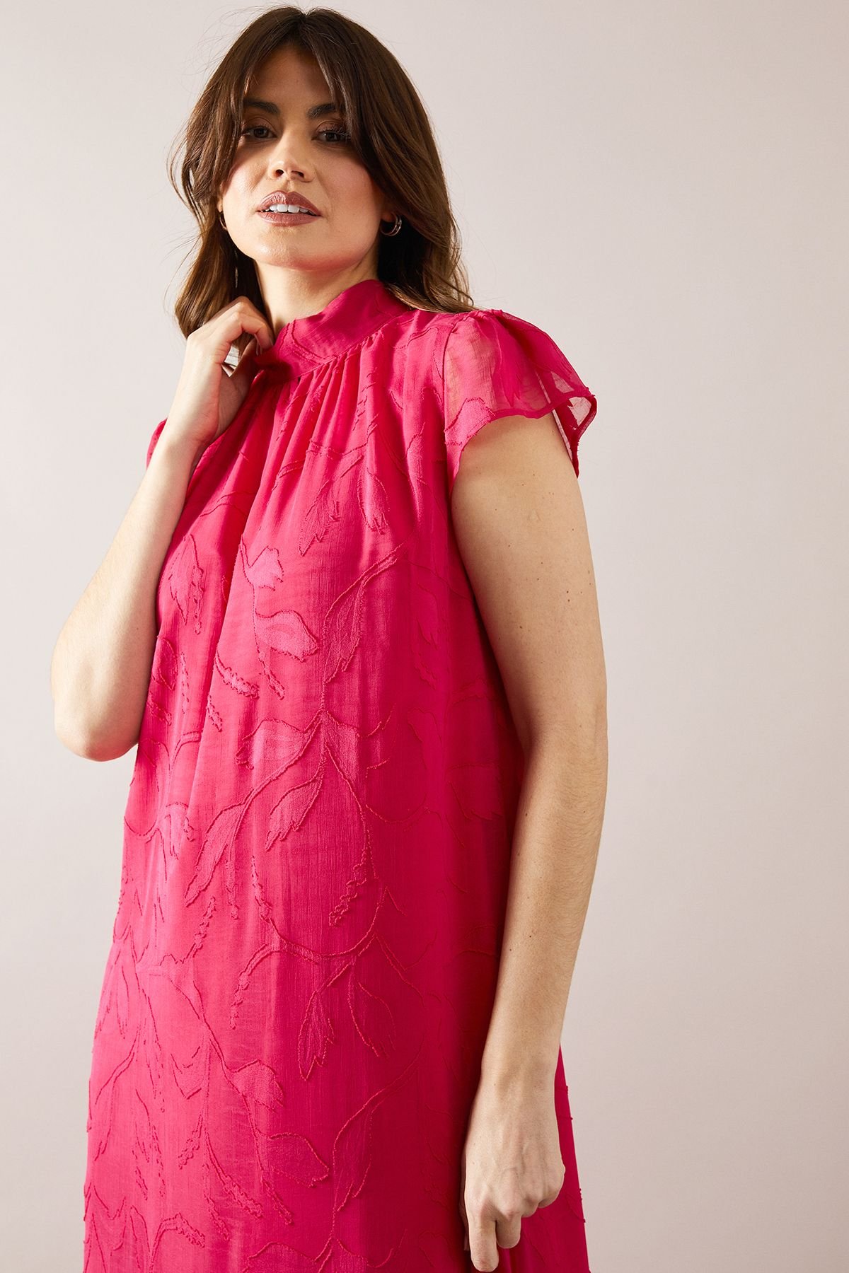 Wallis Wallis Women's Floral Jacquard Drop Hem Swing Midaxi Dress in Pink - 4